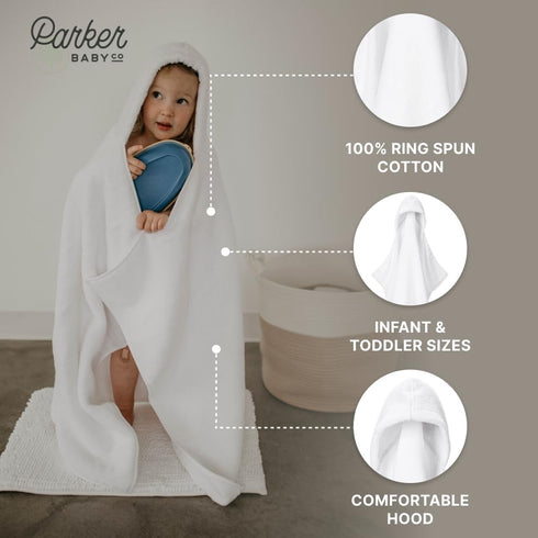 100% Parker Baby Co. Premium Soft Ring Spun Cotton Hooded Toddler and Kid Bath Towel Plush Towel with Hood for Newborns