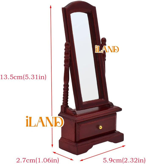 iLAND Vintage Dollhouse Furniture Set, 1/12 Scale Mahogany Bedroom Furniture, 7pcs Including Bed & Mirror