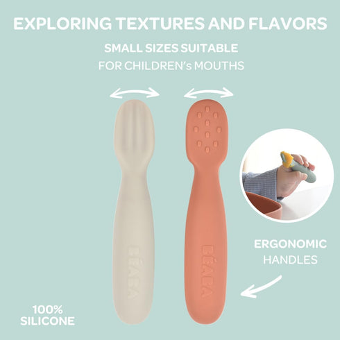 BEABA Set of 2 Silicone Pre-Spoons, For Babies 4-8 Months, Ultra-Soft Silicone Spoons to Help with Self Feeding, Designed with Specialist, Baby Utensils, Sage/Grey