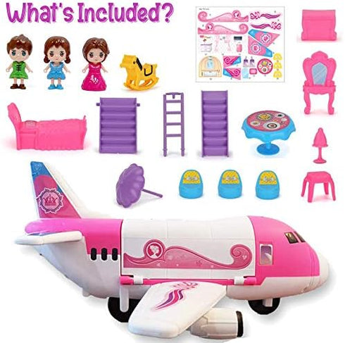 Playset Pink Airplane Toy Private Jet Transport Cargo Vehicle - Big Large Aircraft Plane with Figures and Beauty