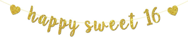 Happy Sweet 16 Banner - Gold Glitter Happy 16th Birthday Party Decorations, Cheer to 16 Years