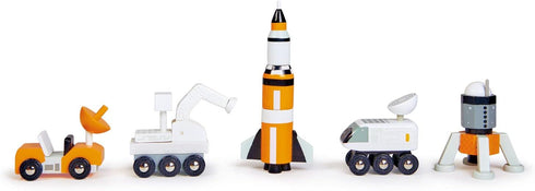 Tender Leaf Toys - Space Voyager Set, 7 Piece Solid Wood Space Vehicle Set with Moving Parts for Imaginative Play, Age