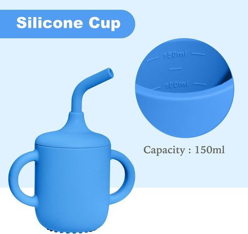 7 Pieces Silicone Baby Feeding Set, Food-Grade Astronaut Theme, Suction Plate, Bowl, Spoon, Fork, Bib, Cup for 6+