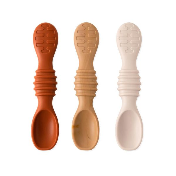 Bumkins Baby Utensil Set, Silicone Trainer Spoons for Dipping, Soft Tip, Self-Feeding, 3-pk Beige/Brown