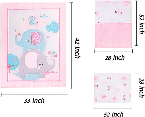 Luxanna Set 3 Sets Crib Bedding Pieces Baby Nursery Bedding with Baby Comforter,Crib Fitted Sheet, Crib Skirt (Pink)
