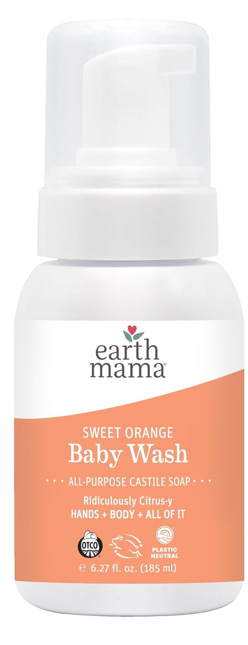 Earth Mama Sweet Orange Baby Liquid Wash Foaming Hand Soap - Organic All Purpose Body Wash for Sensitive Skin, Castile
