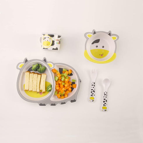 Kids Dinnerware Set, Bamboo 5 Pcs with Plate, Bowl, Cup, Fork, Spoon, Cow