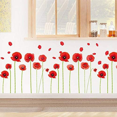 Esmee DIY Red Poppies Wall Decals, Beautiful Flowers Vines Stickers for Living Room Bedroom Nursery