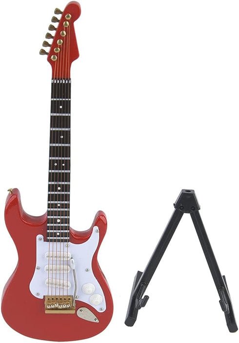 Wooden Miniature Guitar - Mini Electric Guitar with Stand, Decorative Dollhouse Accessories (Red)