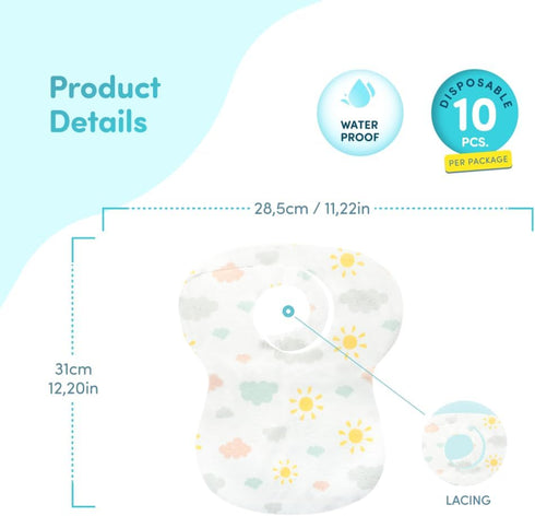 Disposable Lacing Bibs (Pack of 10) - Waterproof, Perfect for BLW, Restaurants, Travel, Mess-Free Mealtimes