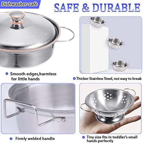 Kids Mini Cooking Toys Set - 11Pcs Pretend Play Kitchen Accessories with Stainless Steel Pots, Pans, and Utensils