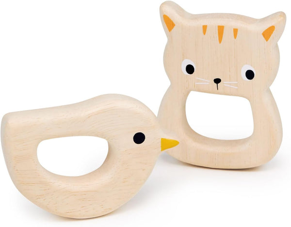 Toys - Bird & Kitten Teethers, 2pc Wooden Teething Toys for Babies, Natural Wood Animal Chew Toy for Sore Gums