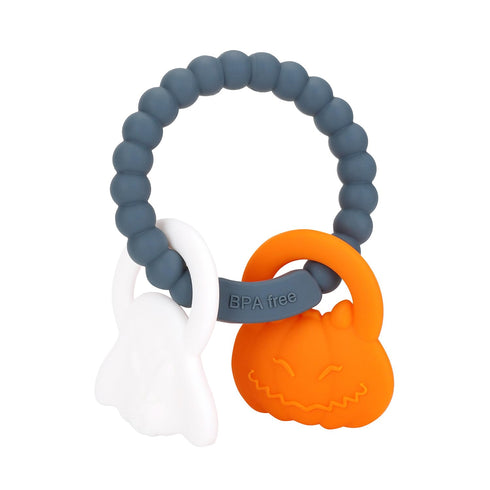 Halloween Baby Teether Toys, Silicone Teething Ring Toy with Rattles Pumpkin and Ghost, Dark Grey, for Babies 3-6-12