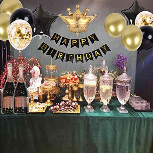 Birthday Party Decorations KIT - Happy Birthday Banner, Gold Crown Balloon, Gold and Black Latex Balloons