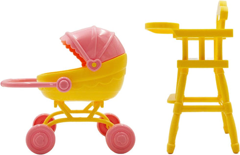 Pemalin Set, Mini Dollhouse Furniture Baby Stroller and High Chair, Pink and Yellow Miniature Accessories, Kids Pretend