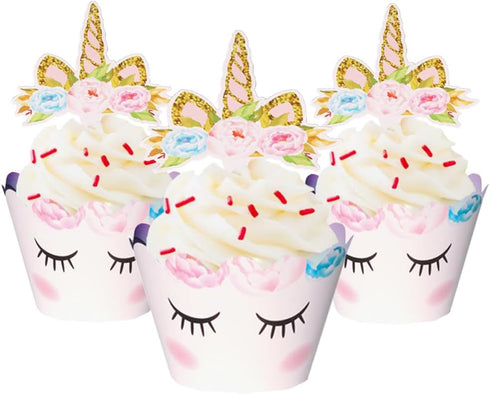 Unicorn Cupcake Toppers and Wrappers - 40 Reversible Rainbow Liners with Cute Decorations for Birthday Party
