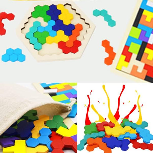 2 Pack Wooden Russian Blocks Puzzle + Hexagon Puzzles, Intelligence Brain Teasers Toy for Kids & Adults