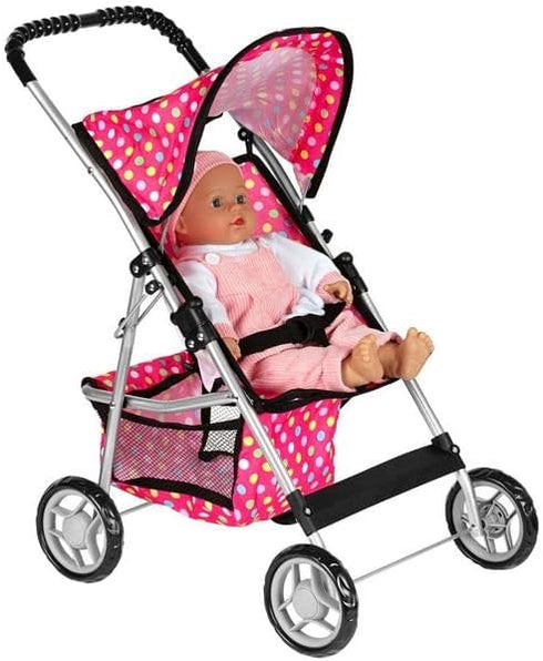 fash n kolor - Deluxe Doll Stroller My First Baby Doll Strollers Toy with Bigger Wheels - Polka Dot Design with Basket
