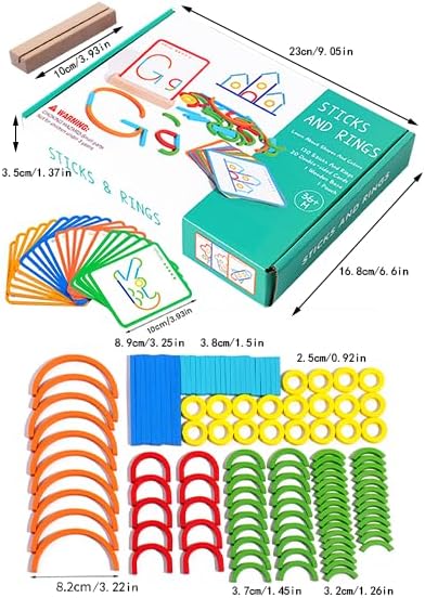 ZHUGEYG 120-Piece Set 3-8 Wooden Pattern Blocks with Sticks and Rings - Montessori Shape Puzzles for Year Olds, Ideal