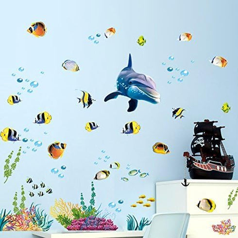 Ocean Wall Stickers for Under The Sea Theme, Cute Fish, Blue Dolphin, Seagrass Coral Mural for Nursery Kids Room