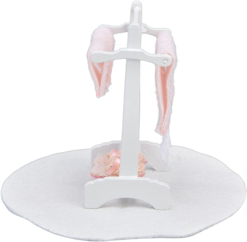 1:12 Miniature Bath Towel Rack with Rug Set - Dollhouse Bathroom Furniture Accessories for Realistic Decor