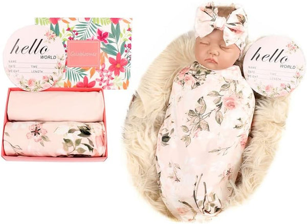 Galabloomer Receiving Blanket Headband Set Flower Print Baby Swaddle Blankets Vintage Rose