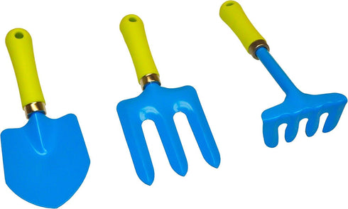2 Pack Set JustForKids Garden Tool Green & Blue Metal Pails with Mini Shovel, Rake & Cultivator, Wooden Handles Outdoor