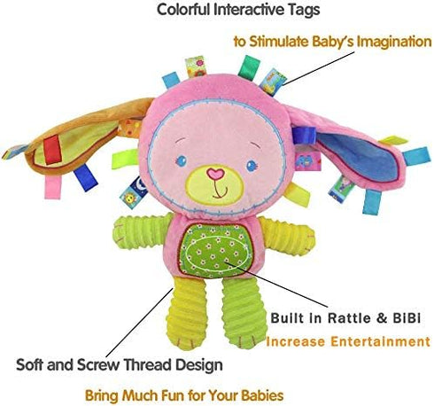 Plush Bunny Stuffed Animal Lovey, Soft Taggie Toy for Newborn Toddler Infant Nursery Bed - Pink Rabbit Rattle