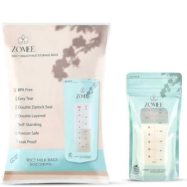 Zomee Breast Milk Storage Bags 8oz Leakproof Double-Zip Seal, Self-Standing, Easy-Pour Design,