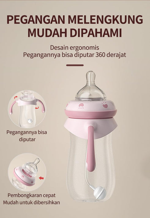 12+ Pink/2Pack/9oz Oberni Baby Bottles, Weighted Straw Toddler Milk Bottles with Non-Slip Handle, Size + Variable Fast