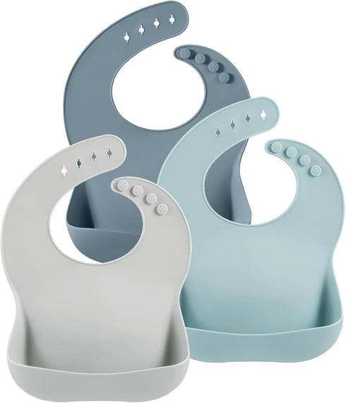 PandaEar 3 Pack Silicone Bibs for Boys and Girls, Adjustable Waterproof Eating Bibs with Large Food Catcher