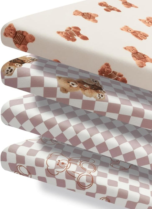 FIGEPO Pack Set Fitted Baby Neutral N Play Sheets Mini Crib Sheets Bear and Buffalo Check Plaid Breathable Unisex Baby