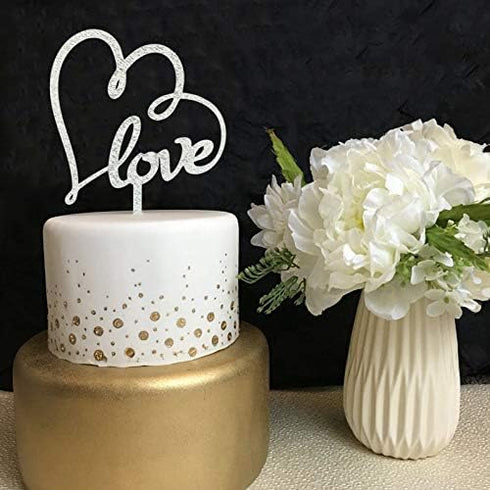 Mr & Mrs Wedding Cake Topper, Glitter Silver Heart with Love for Wedding, Engagement, and Anniversary Parties