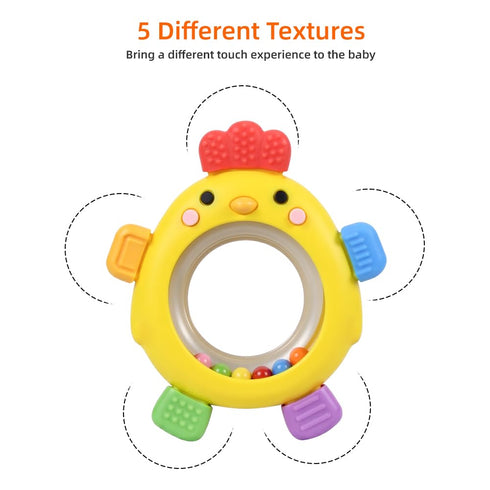 SLUQQHDU 0-6 6-12 Baby Teether Rattle Toy,Babies Teething Rings Toys for Months,Chicken Shape Textured Silicone Chew