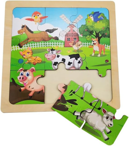 Wooden Jigsaw Puzzle Set - 3 Pcs Farm, Jungle, and Sea Animals, Educational Preschool Toys