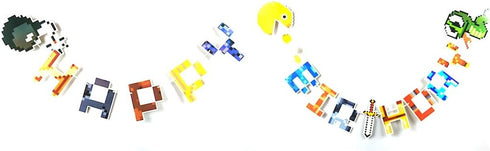80's Pixel Video Game Themed Happy Birthday Banner, 8-bit Retro Pixel Level Up Party Supplies