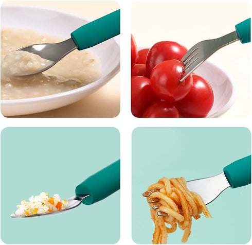 Baby Forks and Spoons Set, Toddler Training Utensils, Silicone and Stainless Steel Kids Utensil (Green Dinosaur - Long)