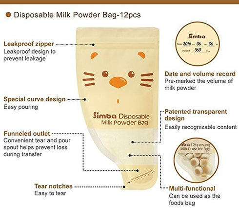 Simba Disposable Formula/Milk Powder Bag, 12 oz, 2 Packs, Total 24 Bags