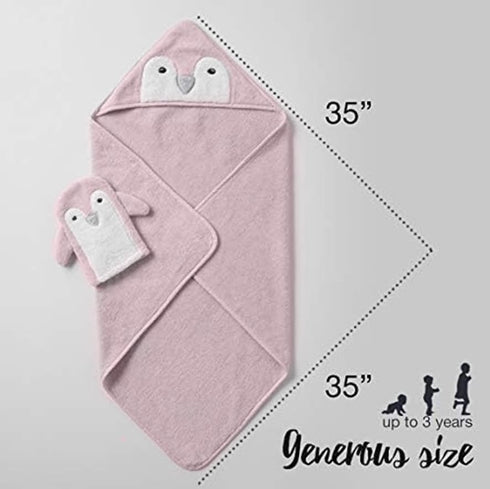 Happy & Sweet Set Baby Gift - Bamboo Viscose Hooded Penguin Bath Towel, Mitt Washcloth, and Squirt Bath Toy for Girls