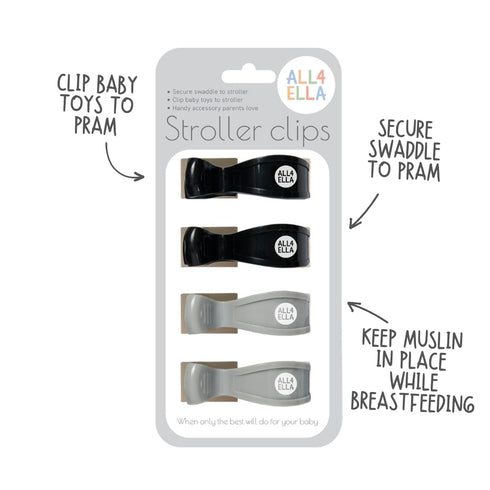 Baby Blanket Stroller Clips (4 Pack) | Australian Baby Gear Pram Attachment | Hooks Muslin to Stroller | Infant/Toddler | Black/Grey by All4Ella