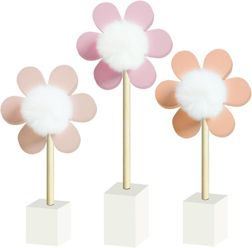 Cobzier 3 Pack Daisy Nursery Shelf Decor, Wooden Spring Flower with Pompom Pistil