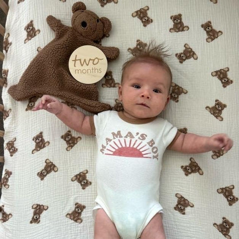 52 28 inches, Ali+Oli Teddy Bear Print Muslin Fitted Crib Sheet, Soft Breathable Cotton, x Cream and Brown
