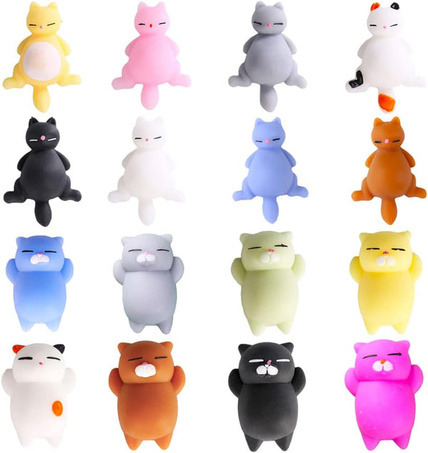 16pcs Mini Kawaii Animals Mochi Squishy Toys Set, Fidget Toys Pack for Kids - Birthday Gifts, Cat Party Favors