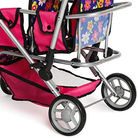 Pink Flower Twin Doll Stroller with Adjustable Handle & Diaper Bag