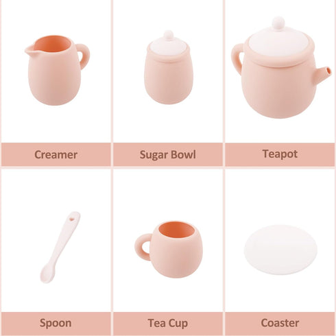 Set, Set 4 4 Set MCGMITT Silicone Tea Party Toy Tea for Toddlers Kids, Includes Teapot, Tea Cup and Coasters, Creamer
