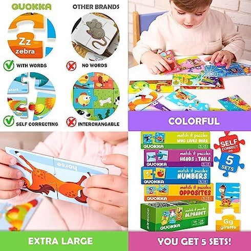 QUOKKA 5X MEGASET Puzzles for Toddlers 3-5, Matching Games for Kids Ages 2-4, Numbers Animals Opposites ABC Learning