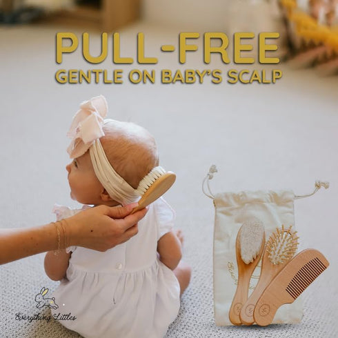 Everything Littles Set 3 Pack Wooden Baby Brush - | Massage Brush, Soft Goat Hair Cradle Cap Brush & Sturdy Wooden Comb