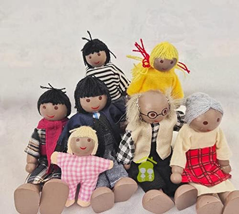 HYSTYLE 7 Pack Wooden Doll House Family Dolls - Family Role Play Pretend Play Mini People Figures (African American)