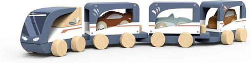 Playset 1+, Set SPEEDY MONKEY Wooden Car Transporter Train Toy Multicolor Engine with Removable Cars Carrier Train