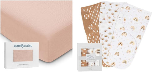 Muslin Fitted Crib Sheet and Swaddle Blankets Bundled by Comfy Cubs
